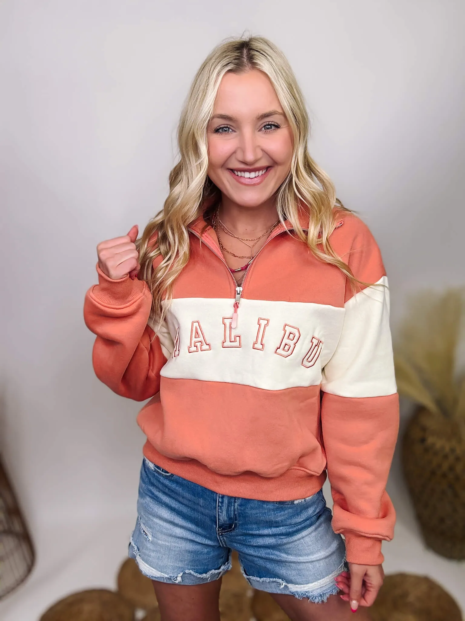 DOORBUSTER - Malibu Coral and Ivory Half Zip Collared Pullover