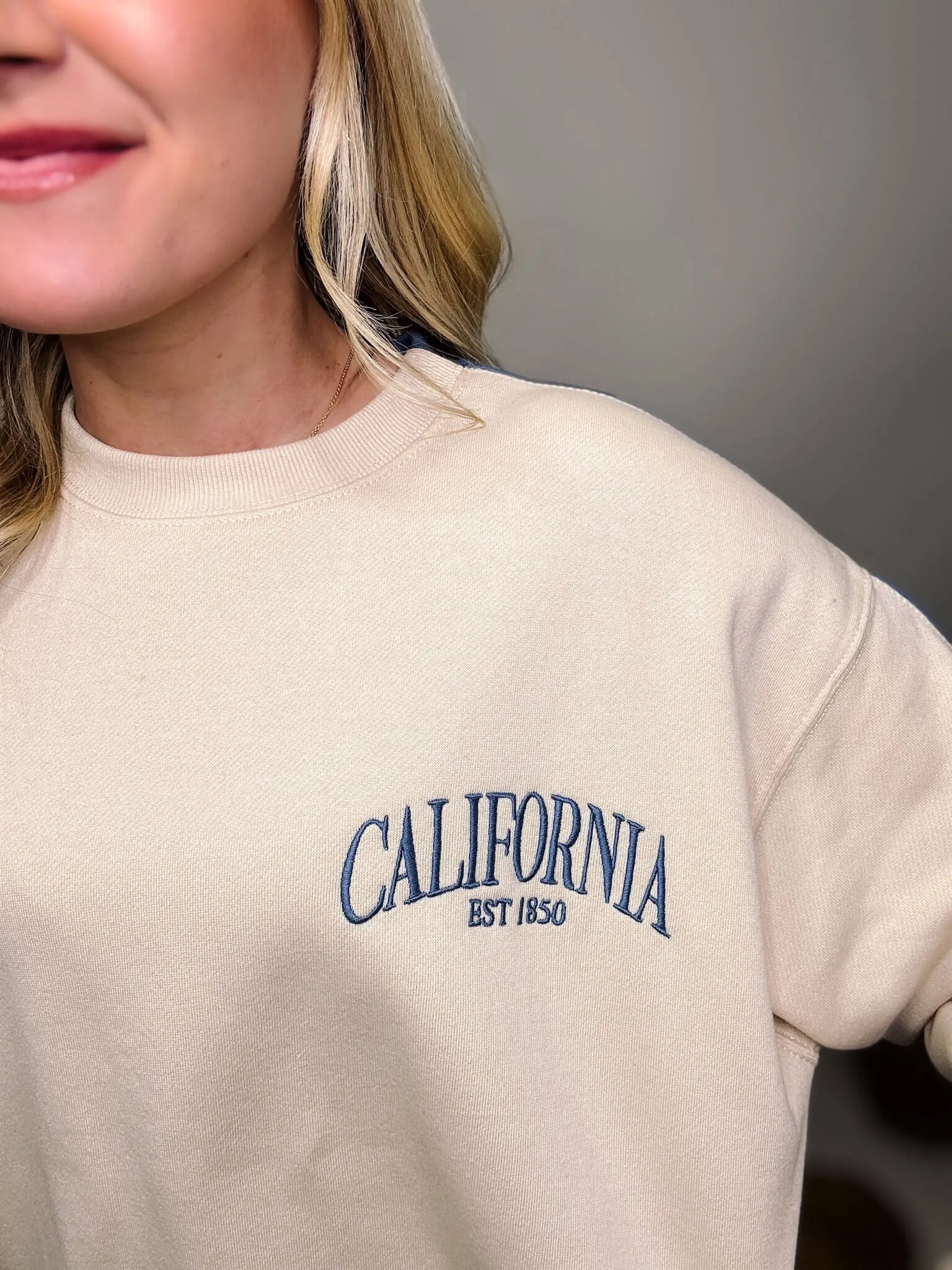 DOORBUSTER - Two Tone Embroidered California Blue and Cream Oversized Pullover