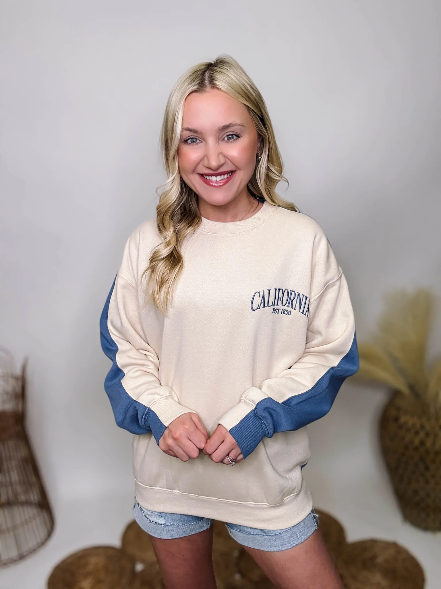 DOORBUSTER - Two Tone Embroidered California Blue and Cream Oversized Pullover