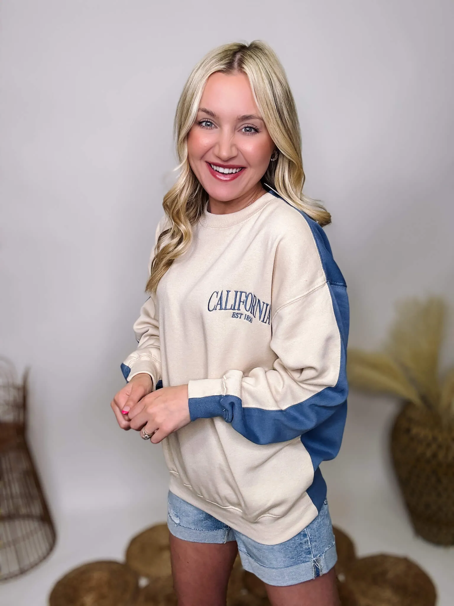 DOORBUSTER - Two Tone Embroidered California Blue and Cream Oversized Pullover