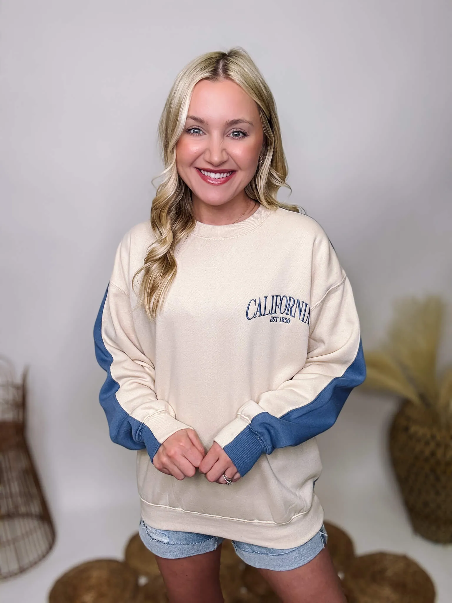 DOORBUSTER - Two Tone Embroidered California Blue and Cream Oversized Pullover