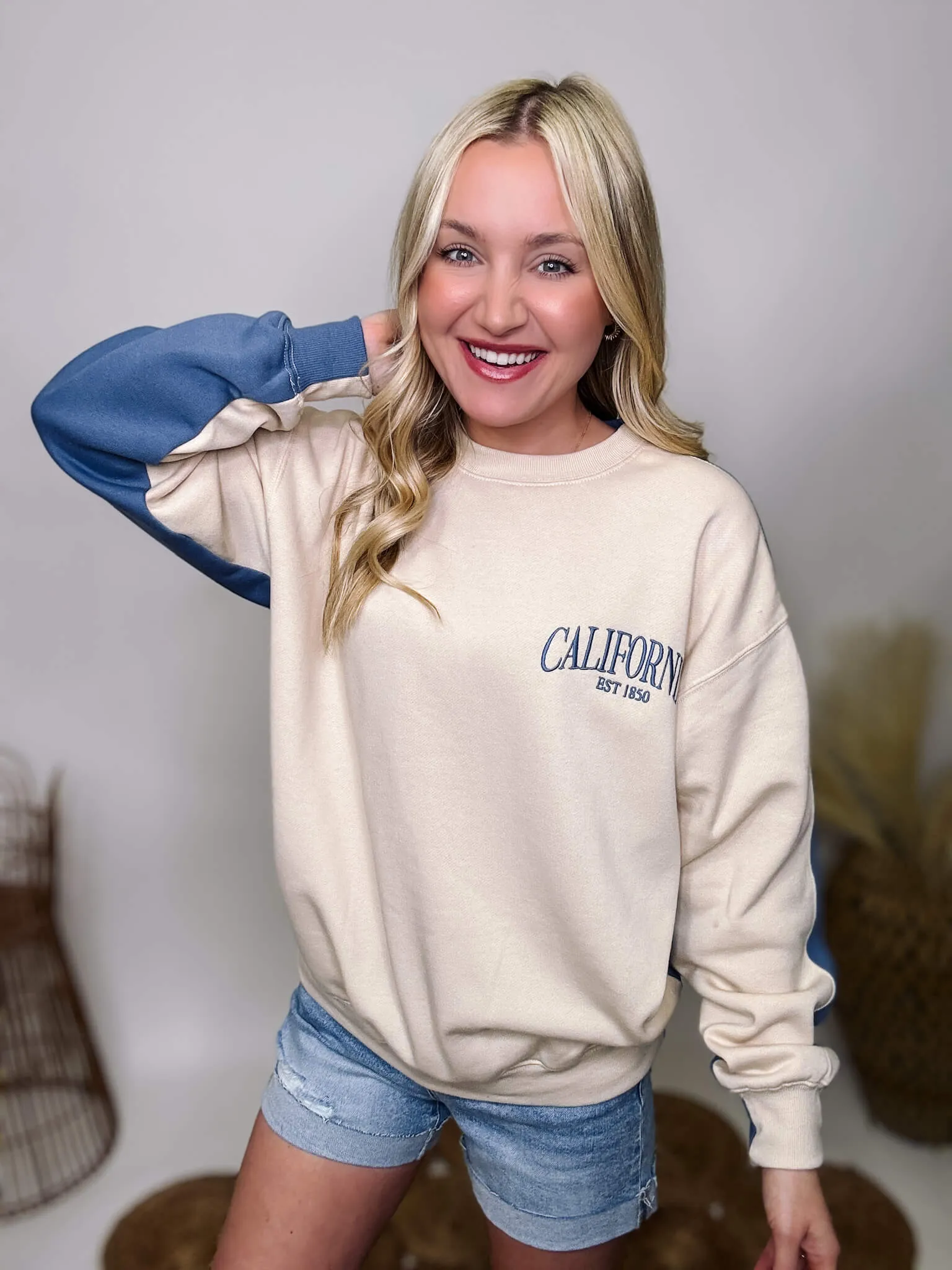 DOORBUSTER - Two Tone Embroidered California Blue and Cream Oversized Pullover