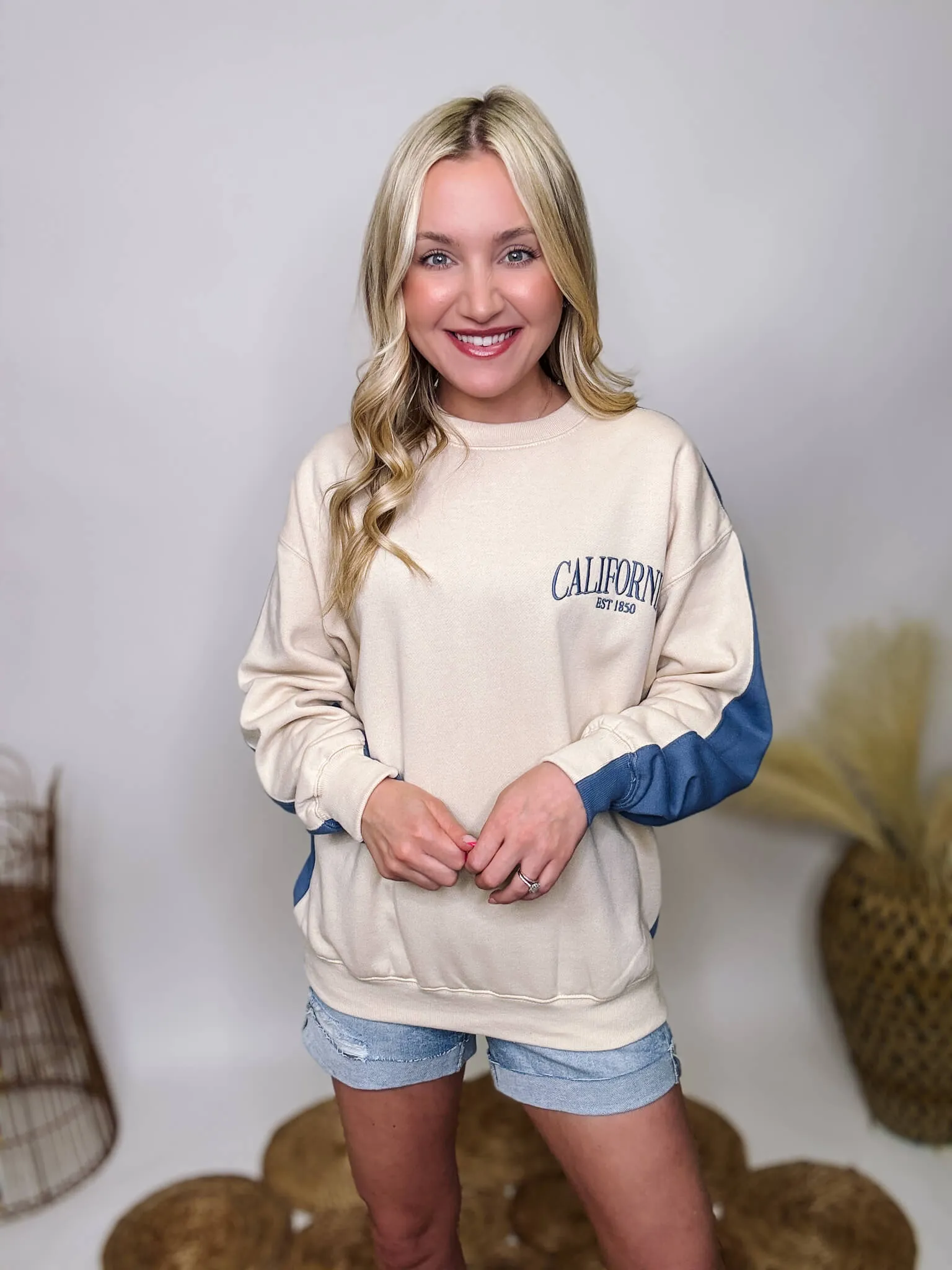 DOORBUSTER - Two Tone Embroidered California Blue and Cream Oversized Pullover