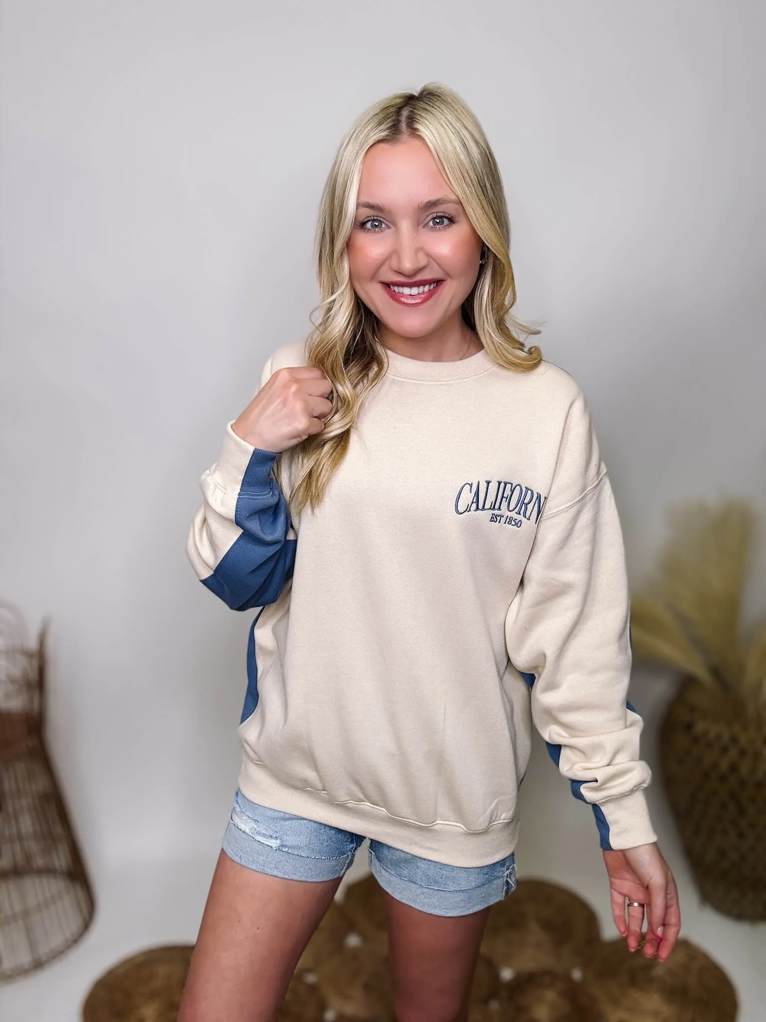 DOORBUSTER - Two Tone Embroidered California Blue and Cream Oversized Pullover