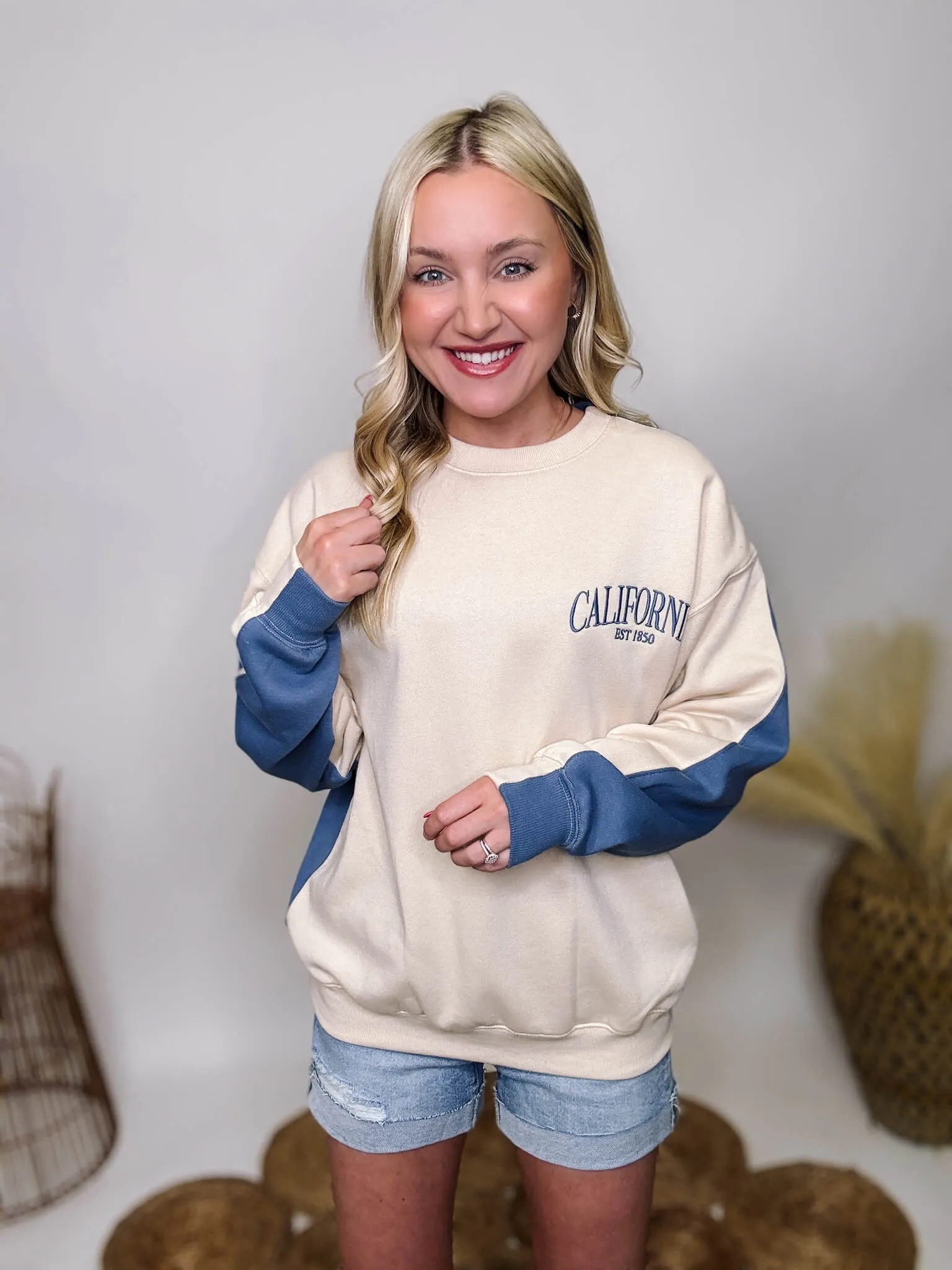 DOORBUSTER - Two Tone Embroidered California Blue and Cream Oversized Pullover