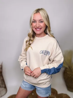 DOORBUSTER - Two Tone Embroidered California Blue and Cream Oversized Pullover