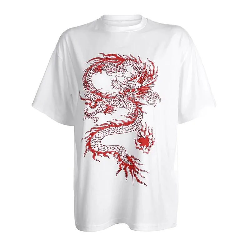 Dragon Print T-shirt Women's Tops^