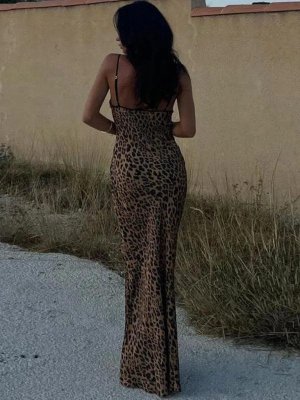 Edgy Backless Leopard Print Halter Dress with Trendy Straps for Women