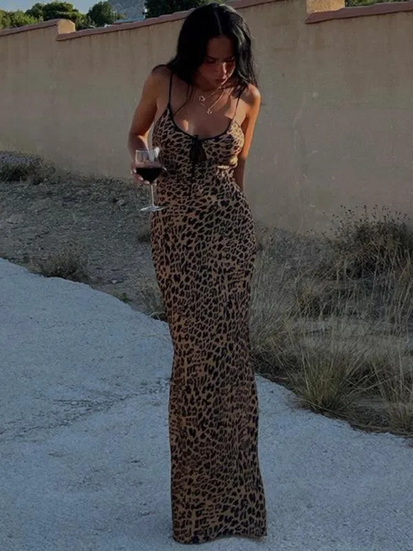 Edgy Backless Leopard Print Halter Dress with Trendy Straps for Women