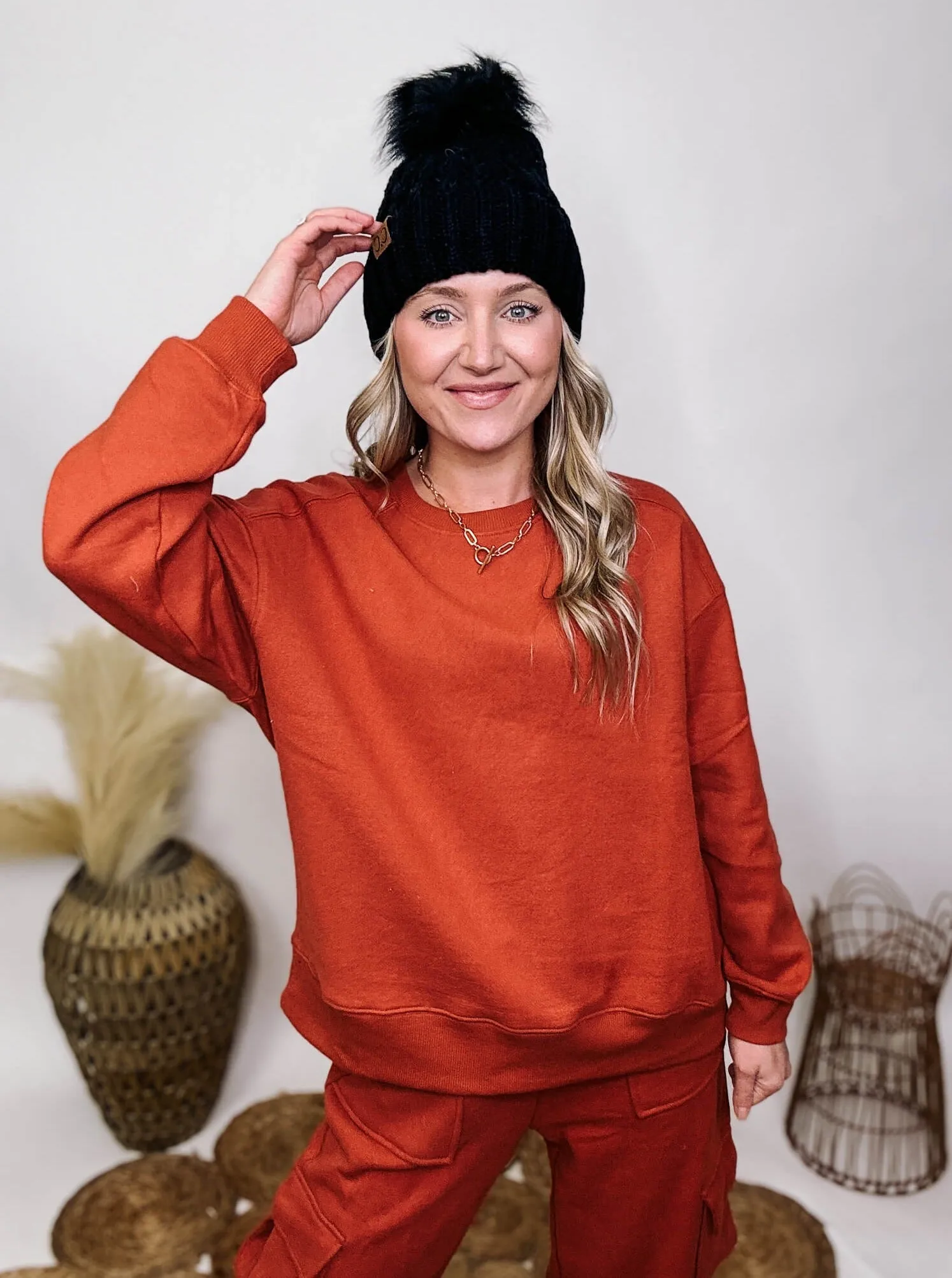 Fleece Lined Pullover Sweatshirt in Baked Clay