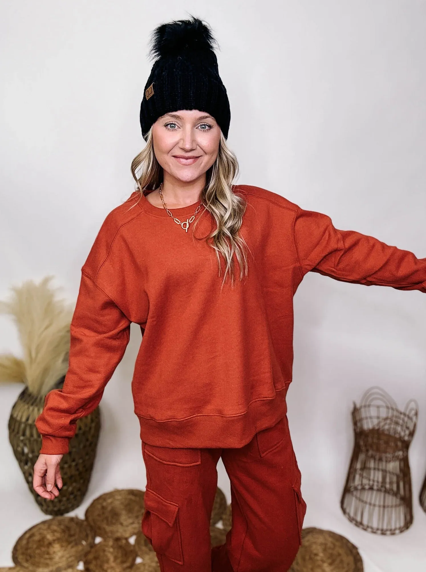 Fleece Lined Pullover Sweatshirt in Baked Clay