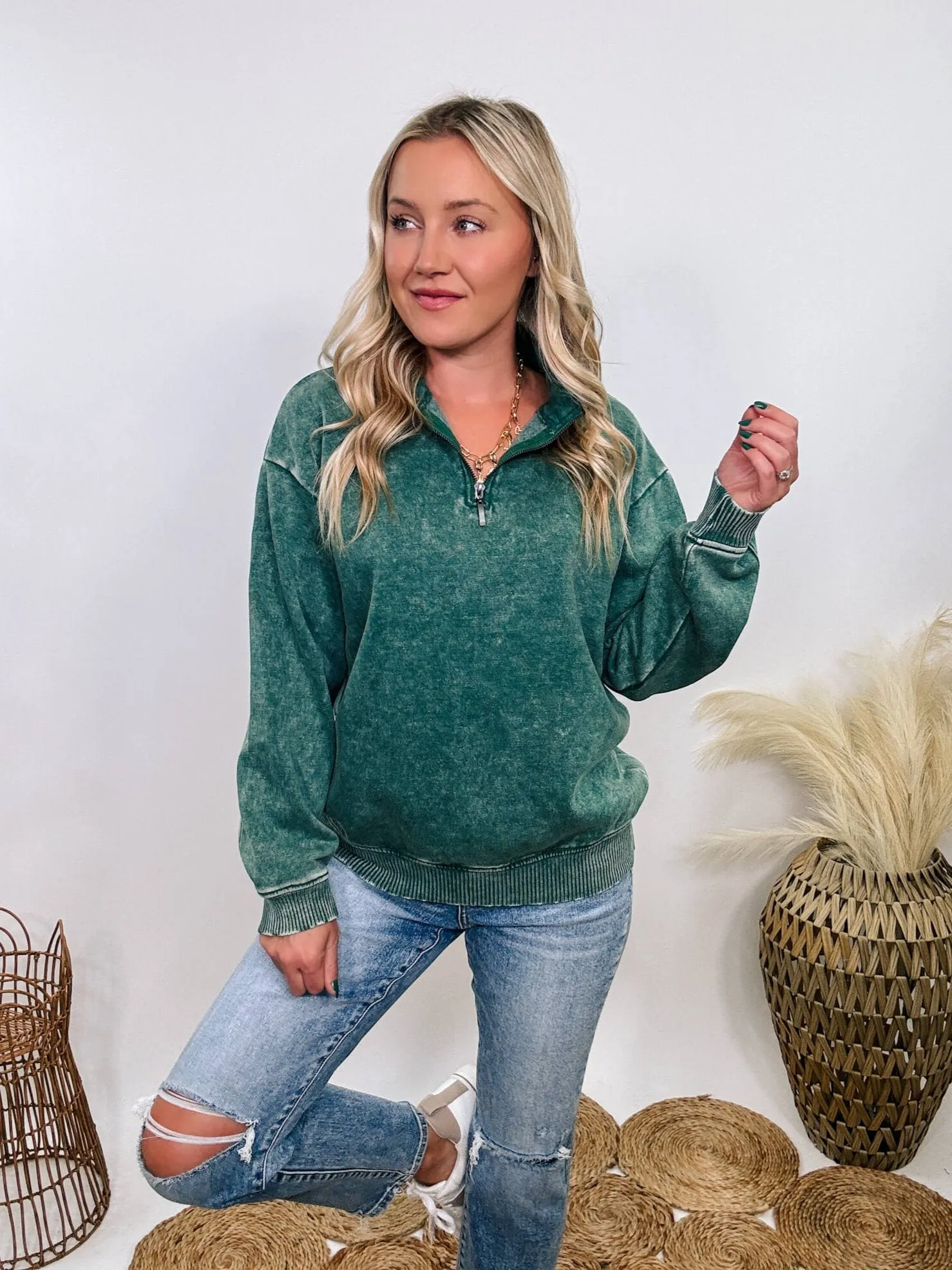 Forest Green Acid Washed Half Zip Fleece Pullover