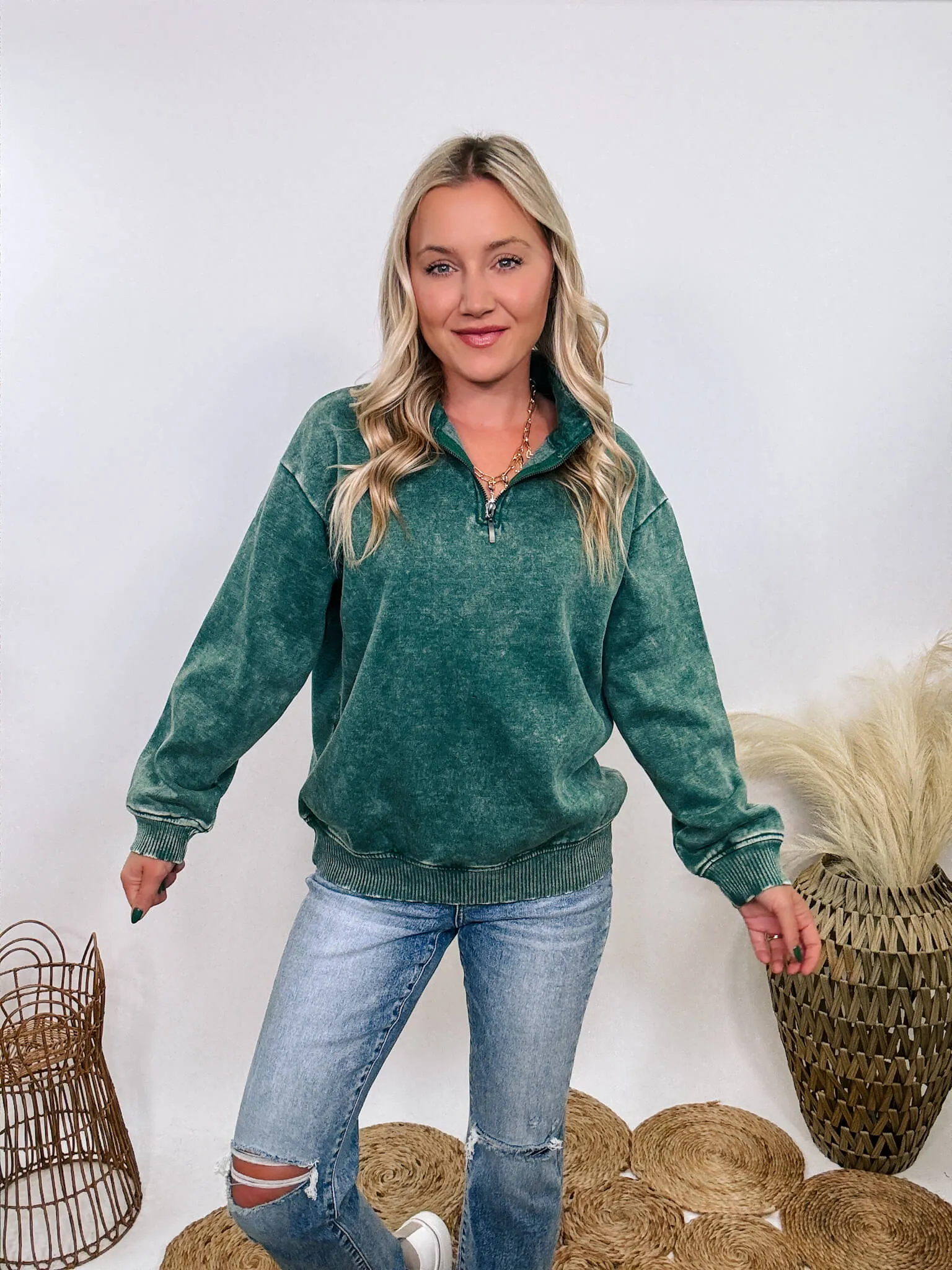 Forest Green Acid Washed Half Zip Fleece Pullover