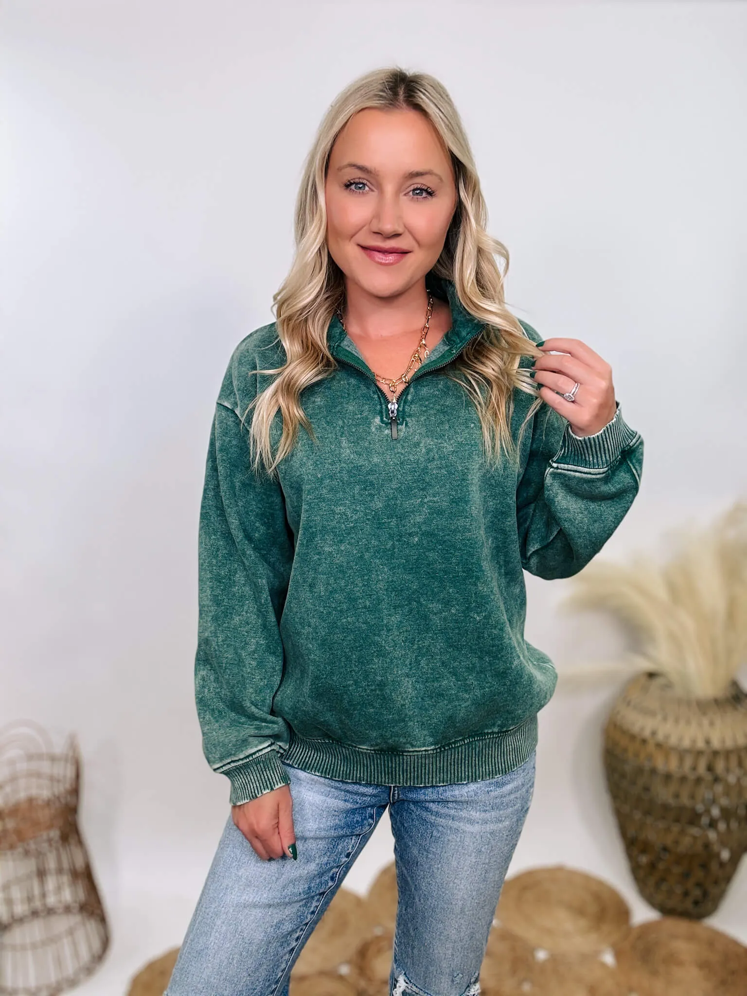 Forest Green Acid Washed Half Zip Fleece Pullover