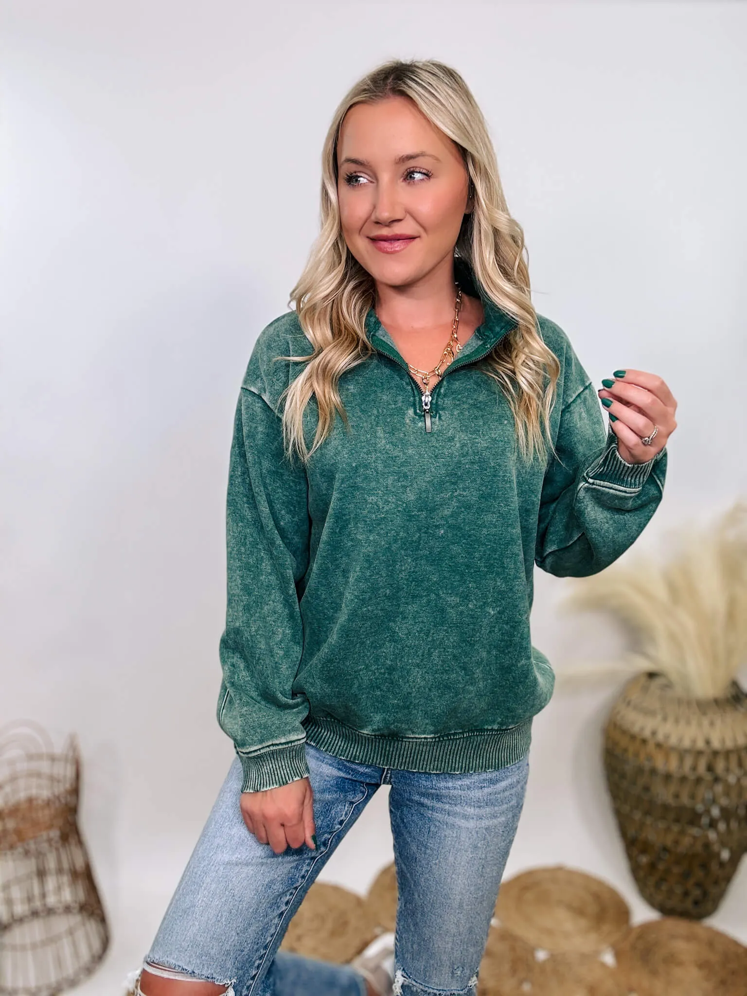 Forest Green Acid Washed Half Zip Fleece Pullover