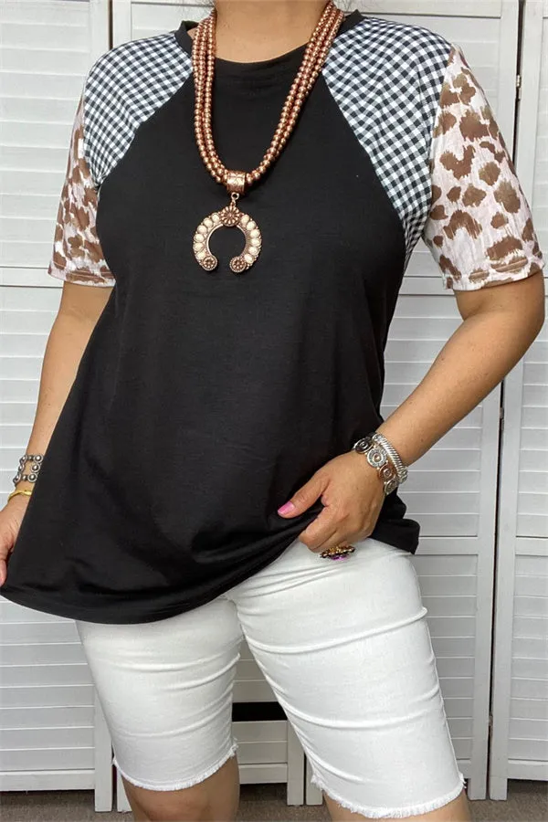 GJQ10064 Black/white plaid leopard short sleeve black color body raglan women tops