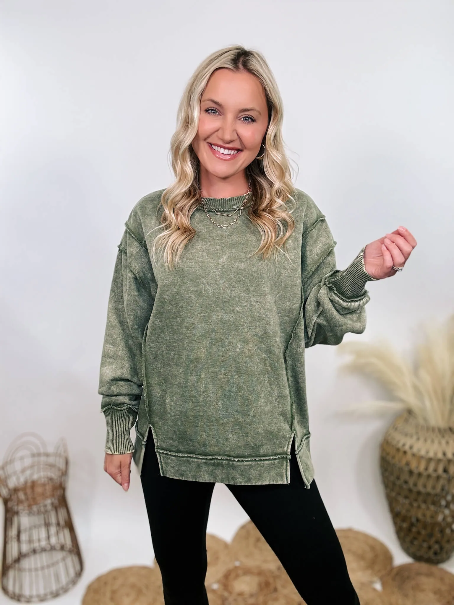 Green Acid Washed Exposed Seam Fleece Sweatshirt Pullover