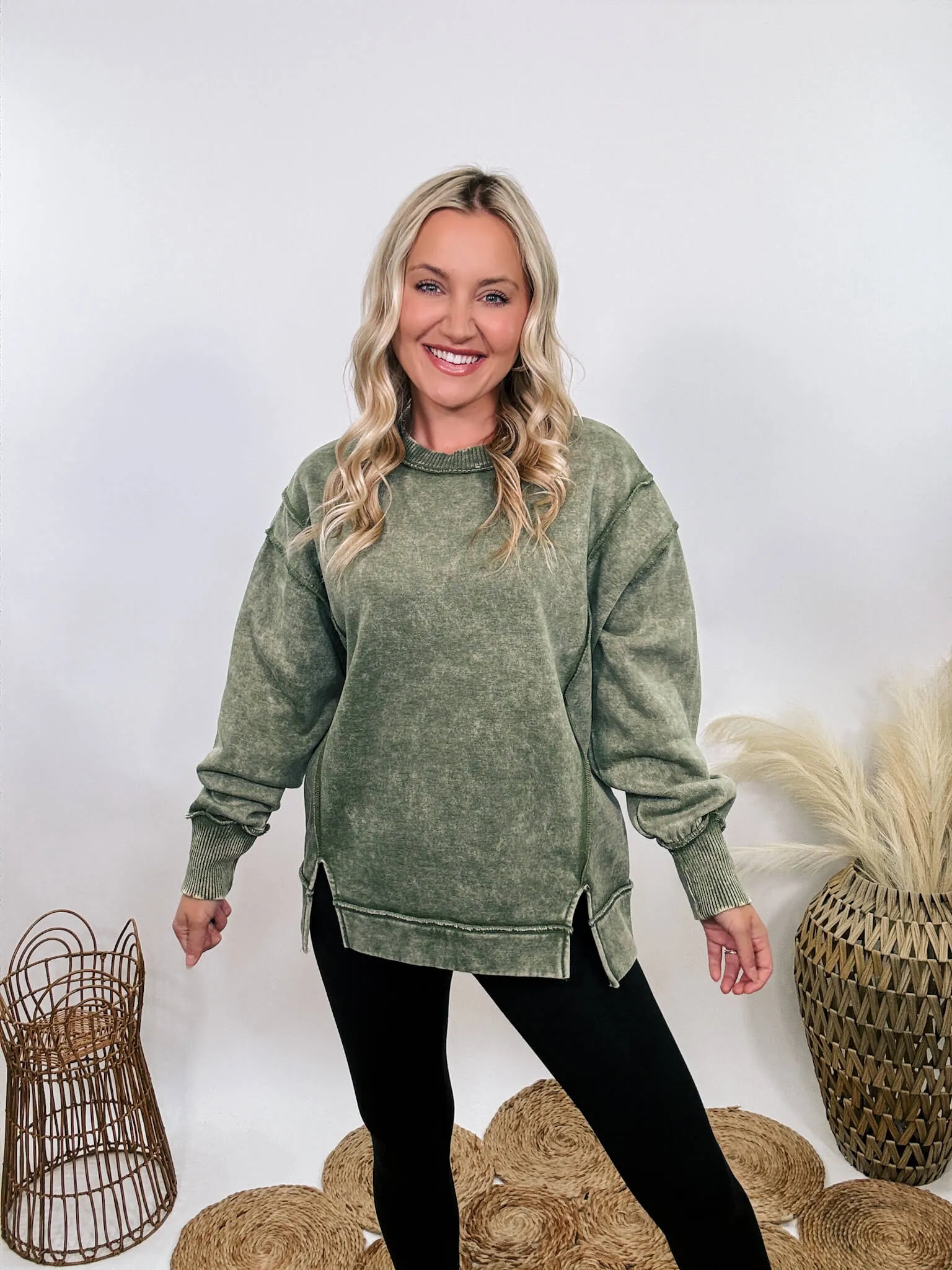 Green Acid Washed Exposed Seam Fleece Sweatshirt Pullover