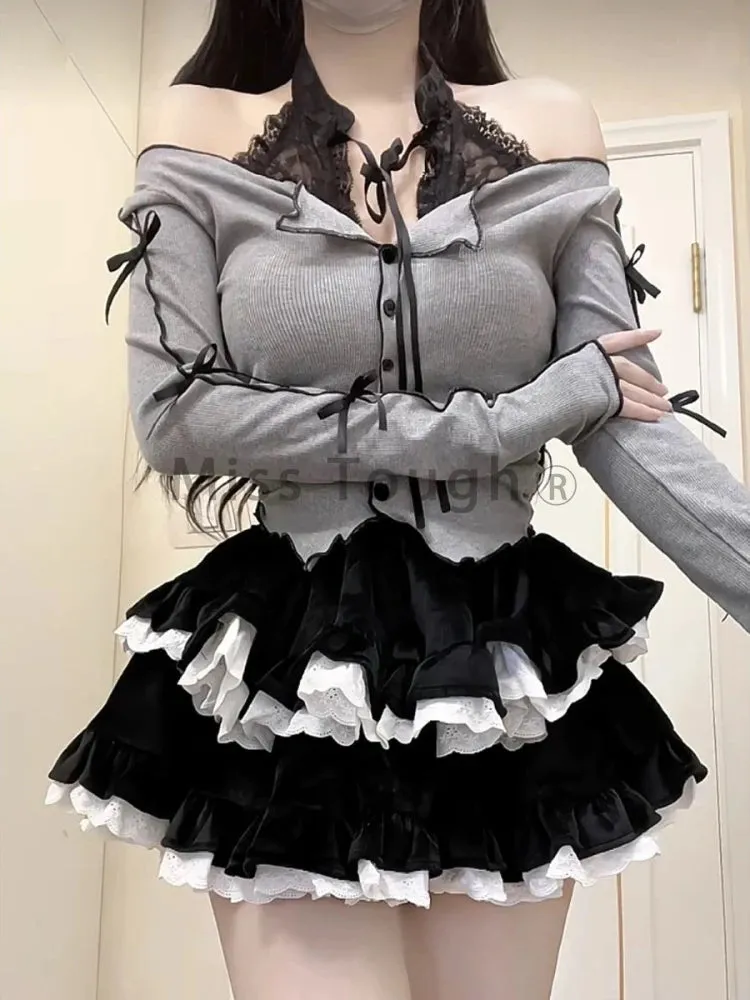 Grey Black Kawaii Lolita Two Piece Skirt and Top Set