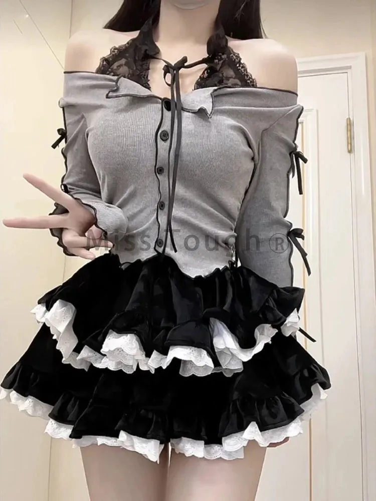 Grey Black Kawaii Lolita Two Piece Skirt and Top Set