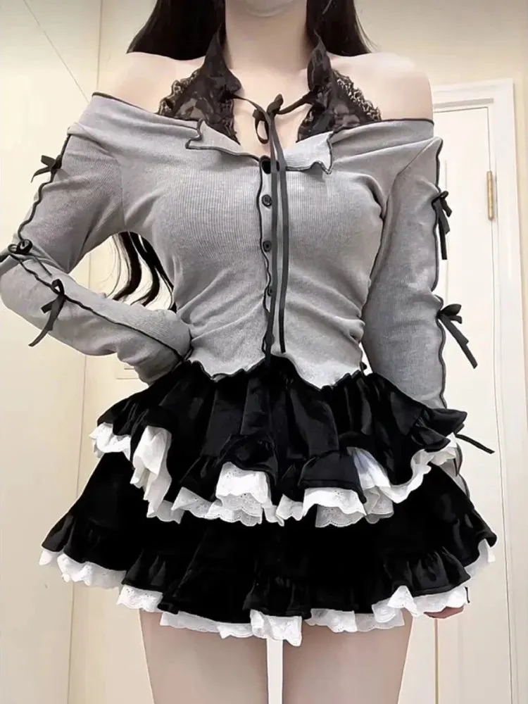 Grey Black Kawaii Lolita Two Piece Skirt and Top Set