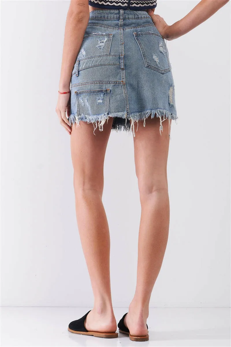 Medium Blue Denim High-waist Distressed Effect Asymmetrical Trim Raw Hem Detail