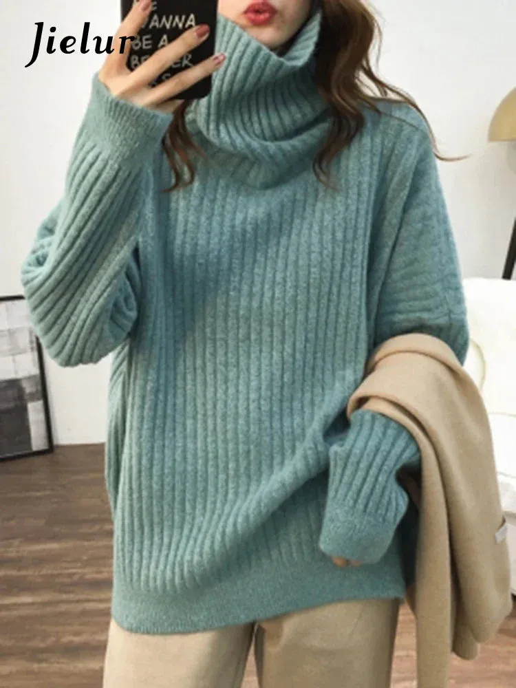 Metaversmall 9 Colors Turtleneck Loose Sweater Women Autumn Winter Knitted Top Solid Color Pullovers Long Sleeve Casual Blue Sweaters