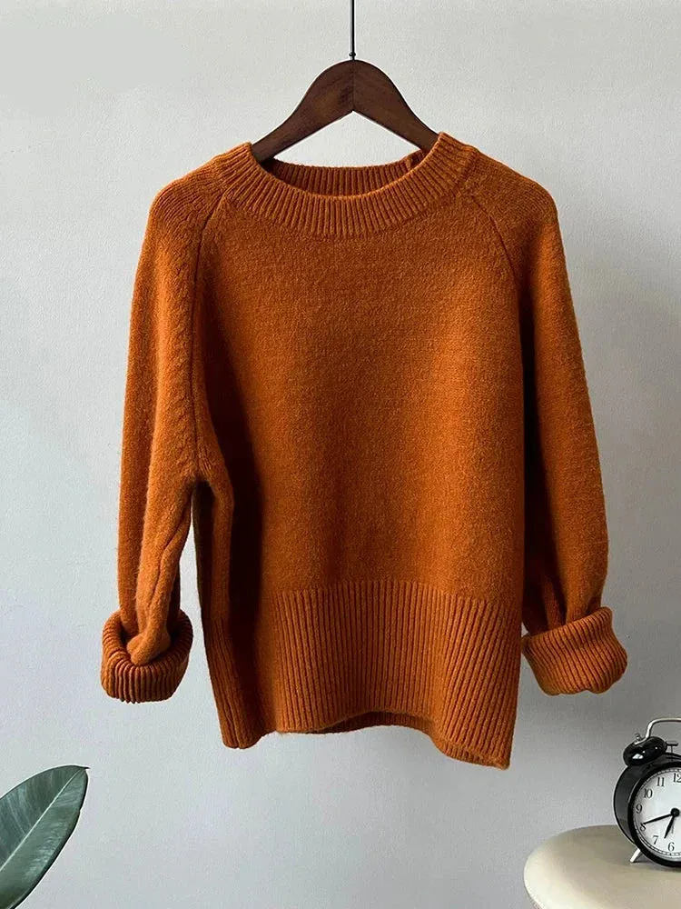 Metaversmall Autumn Winter Women Knitted Sweater Pullovers Female Jumper Warm Beige Light Coffee O-neck Basic Sweaters Tops 7 Colors