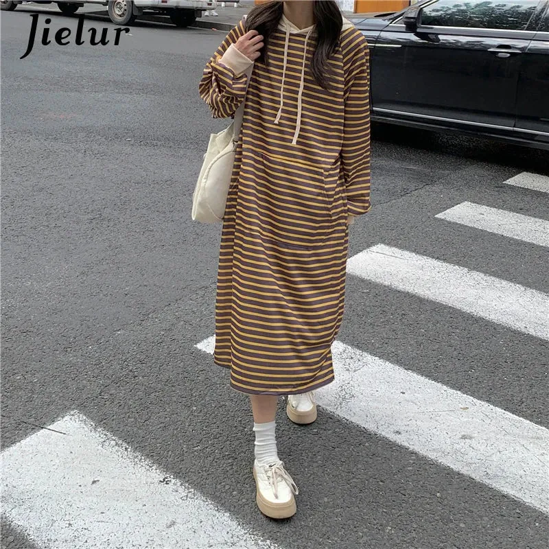 Metaversmall Black Striped Sweatshirt Women 2021 Casual Korean O-neck Pullovers Thick Autumn Winter Yellow Loose Long Hoodies Clothing