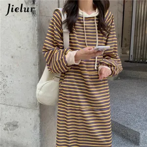 Metaversmall Black Striped Sweatshirt Women 2021 Casual Korean O-neck Pullovers Thick Autumn Winter Yellow Loose Long Hoodies Clothing