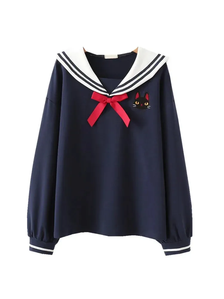 Metaversmall Japan Style Cute Women Sweatshirts Cartoon Cat Embroidery Hoodies Long Sleeve Sailor Collar Sweet Girl Pullovers Tracksuits