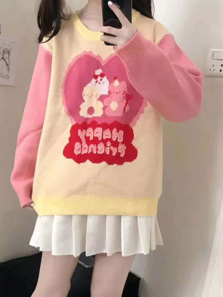 Metaversmall Pink Cartoon Strawberry Embroidery Sweaters Sweet Style Knit Pullovers Women Winter Thick Warm Christmas Sweater Jumpers Girls