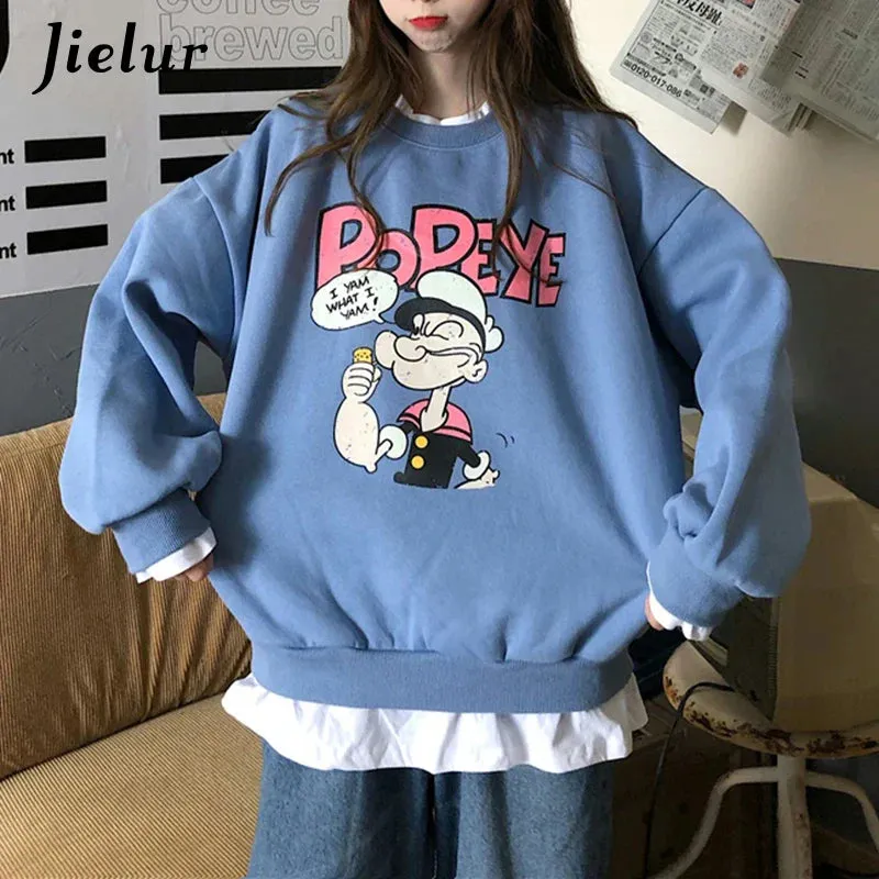 Metaversmall Popeye Cartoon Fake Two Pieces Sweatshirts Female Loose Printed Hoodies Beige Pullovers Kawaii Lovely Women Clothes M-XL