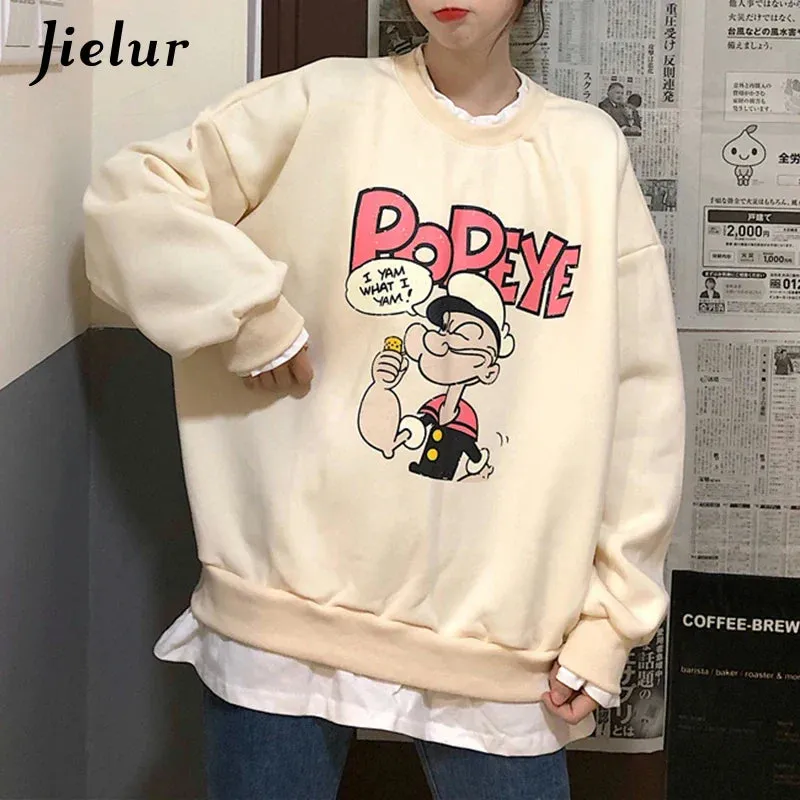 Metaversmall Popeye Cartoon Fake Two Pieces Sweatshirts Female Loose Printed Hoodies Beige Pullovers Kawaii Lovely Women Clothes M-XL