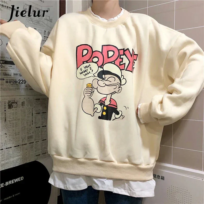 Metaversmall Popeye Cartoon Fake Two Pieces Sweatshirts Female Loose Printed Hoodies Beige Pullovers Kawaii Lovely Women Clothes M-XL