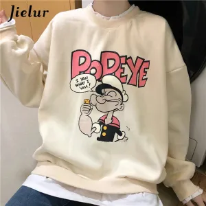 Metaversmall Popeye Cartoon Fake Two Pieces Sweatshirts Female Loose Printed Hoodies Beige Pullovers Kawaii Lovely Women Clothes M-XL