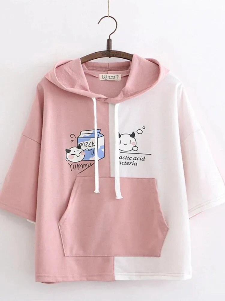 Metaversmall Women Cartoon Print Funny Hooded Sweatshirts Short Sleeve Patchwork Hit Color Hoodie Loose Pullovers Tracksuit With Pocket