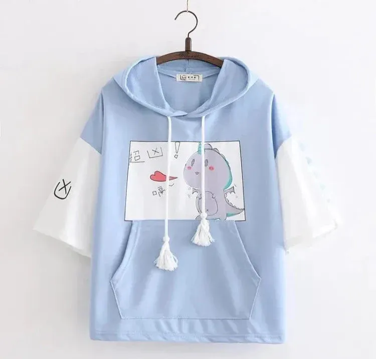 Metaversmall Women Dinosaur Print Funny Hooded Sweatshirts With Pocket Spring Short Sleeve Cotton Hoodies Harajuku Pullovers Tracksuit