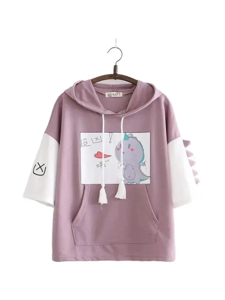 Metaversmall Women Dinosaur Print Funny Hooded Sweatshirts With Pocket Spring Short Sleeve Cotton Hoodies Harajuku Pullovers Tracksuit