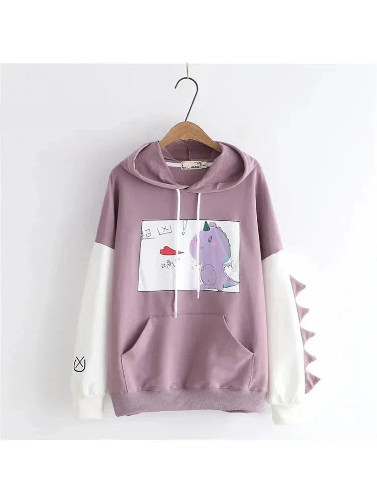 Metaversmall Women Dinosaur Sweatshirt With Horns On Sleeve Cotton Hoodies Sweatshirts Winter Hooded Hawaii Pullovers