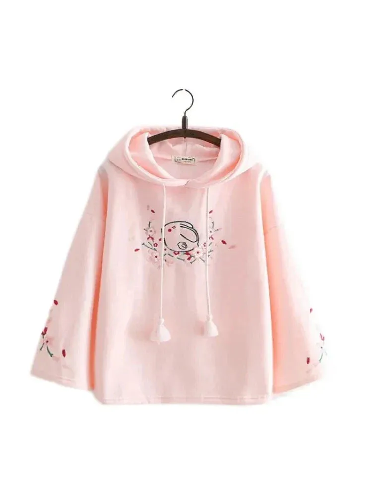 Metaversmall Women Floral Embroidery Pink Hooded Sweatshirts 2020 Winter Flare Sleeve Plus Velvet Thick Hoodies Sweet Pullovers