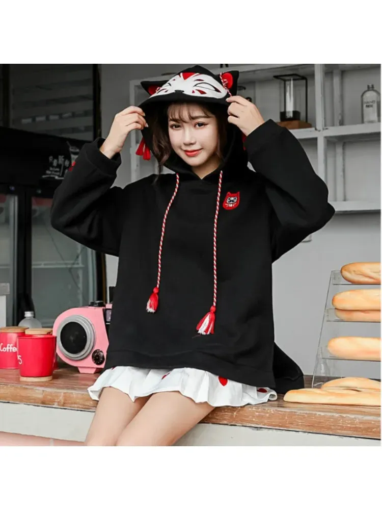 Metaversmall Women Harajuku Embroidery Hooded Sweatshirts Long Sleeve Black White Drawstring Hoodies 2023 Sweet Girls' Pullovers