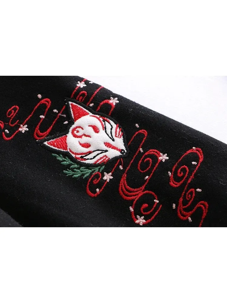 Metaversmall Women Hoodies Fleece Thick Cute Fox Embroidery Winter Autumn  Pullovers Jumpers Japanese Hooded