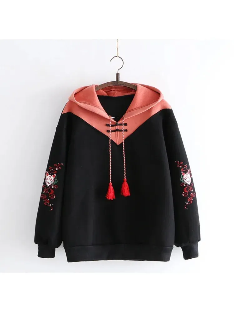 Metaversmall Women Hoodies Fleece Thick Cute Fox Embroidery Winter Autumn  Pullovers Jumpers Japanese Hooded