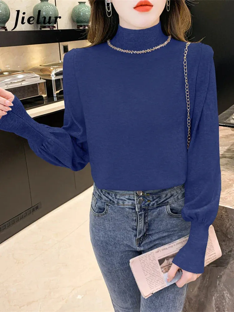 Metaversmall Women Knitted Sweaters Autumn Winter Half Turtleneck Diamond Latern Sleeve Blue Pullovers New Female Elegant Jumper Tops