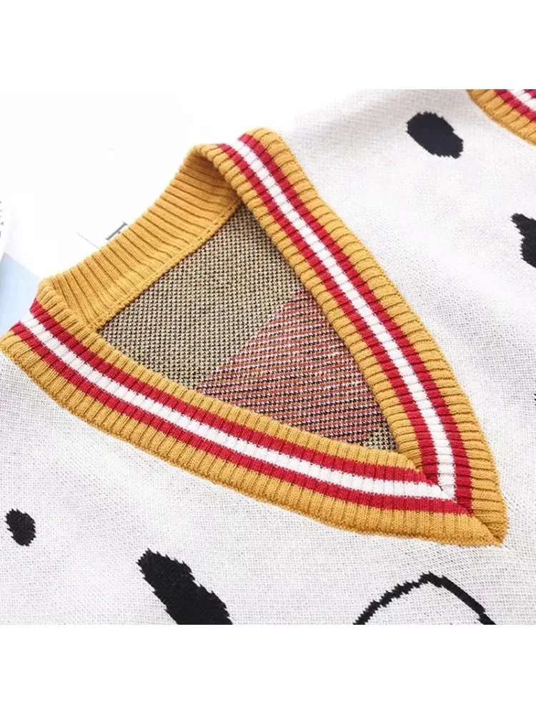 Metaversmall Women's Cartoon Dog Embroidery Knitted Sweaters Sleeveless Vest  Winter Warm V-Neck Female Jumpers Pullovers