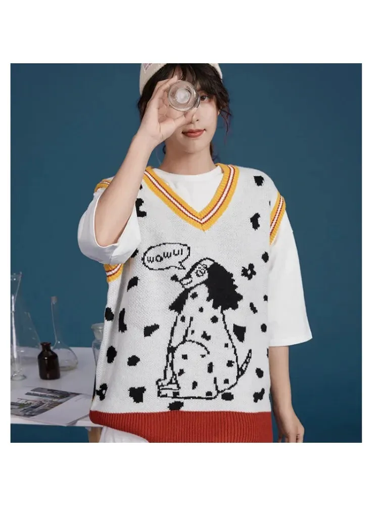 Metaversmall Women's Cartoon Dog Embroidery Knitted Sweaters Sleeveless Vest  Winter Warm V-Neck Female Jumpers Pullovers