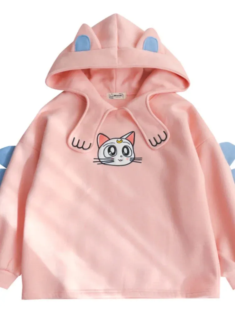 Metaversmall Women's Hoodies Sweatshirt With Ears On Hood Cat Embroidery Cute Harajuku Fleece Hoodie Hooded Clothes Pullovers