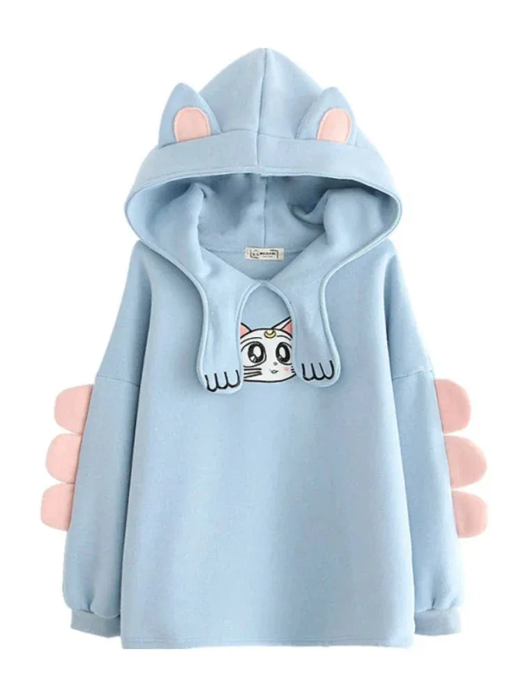 Metaversmall Women's Hoodies Sweatshirt With Ears On Hood Cat Embroidery Cute Harajuku Fleece Hoodie Hooded Clothes Pullovers