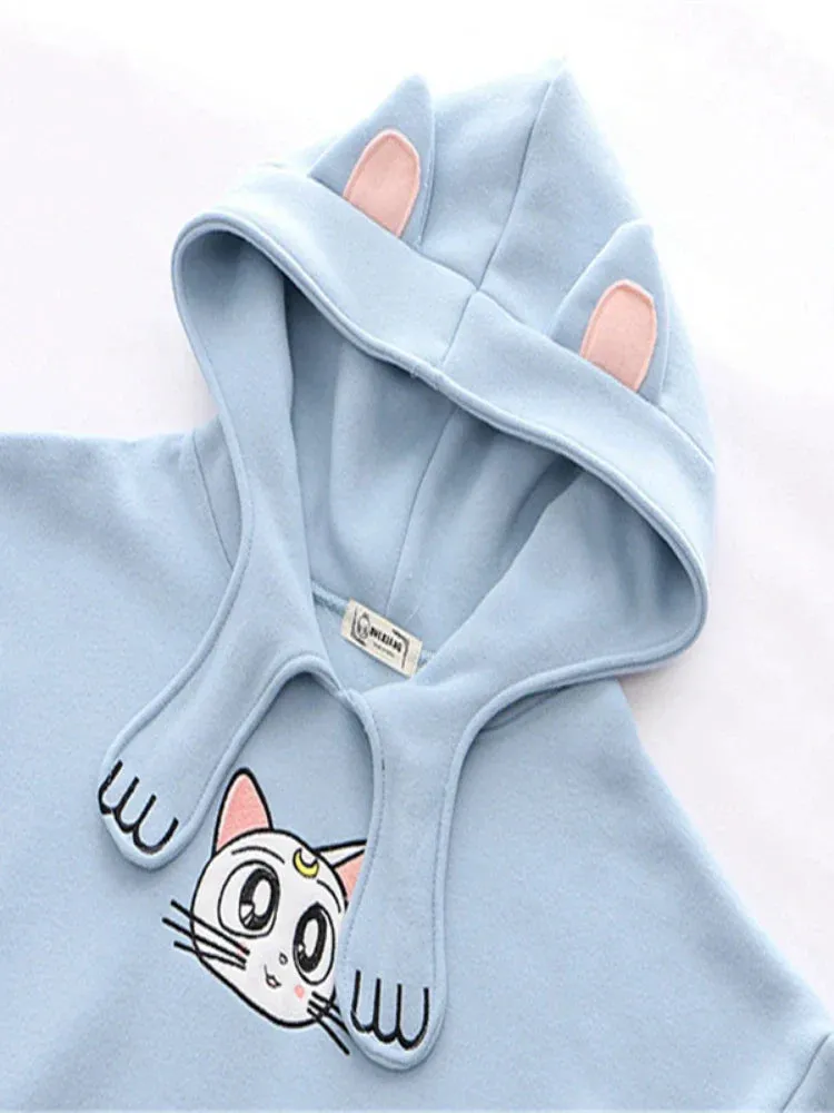 Metaversmall Women's Hoodies Sweatshirt With Ears On Hood Cat Embroidery Cute Harajuku Fleece Hoodie Hooded Clothes Pullovers